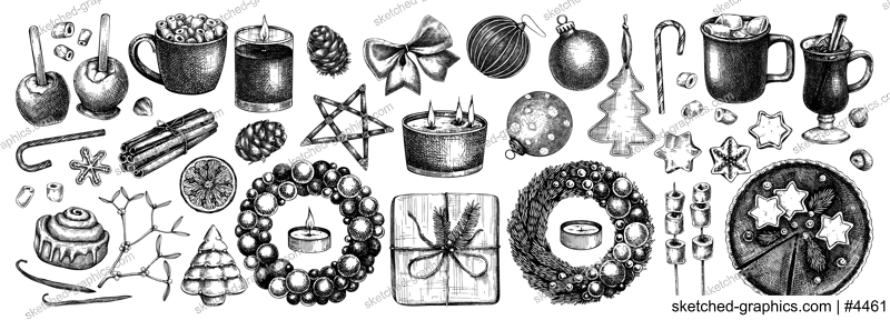 Christmas decoration - wreaths, gifts, sweets, Christmas tree decor, hot drinks and spices sketches. Vintage design elements for winter holyday. Black and white. New Year greeting card or invitation.