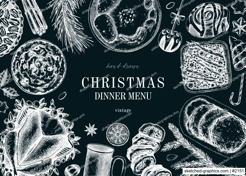 Christmas food background. Family dinner. Winter holiday menu. Traditional food design elements. Food and drink sketches set. Hand drawn vector illustration. Vintage banner template