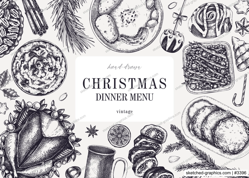Christmas food background. Family dinner. Winter holiday menu. Traditional food design elements. Food and drink sketches set. Hand drawn vector illustration. Vintage banner template