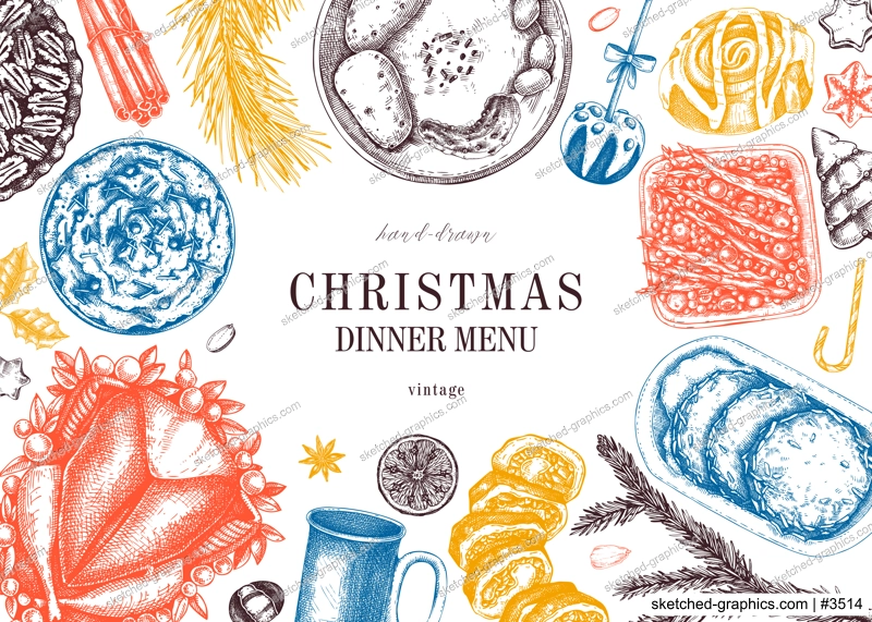 Christmas food background. Family dinner. Winter holiday menu. Traditional food design elements. Food and drink sketches set. Hand drawn vector illustration. Vintage banner template