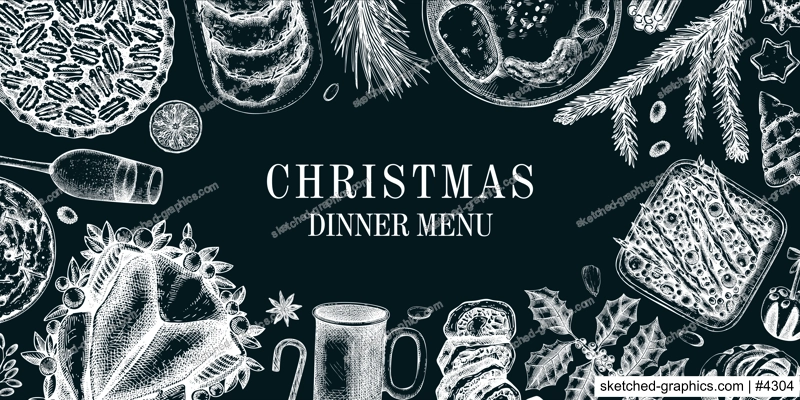 Christmas food background. Family dinner. Winter holiday menu. Traditional food design elements. Food and drink sketches set. Hand drawn vector illustration. Vintage banner template