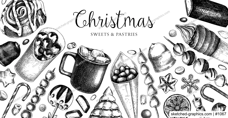 Christmas food background. Christmas market design template. Hand-drawn vector illustration. Hot drinks, candies, cookies, pastries sketches. Winter holiday menu. Sweet food vintage banner