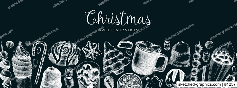 Christmas food background. Christmas market design template. Hand-drawn vector illustration. Hot drinks, candies, cookies, pastries sketches. Winter holiday menu border on chalkboard. Seamless pattern