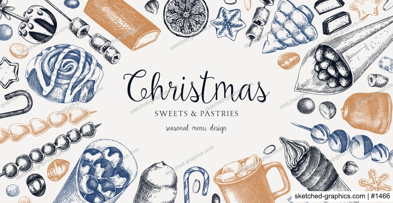 Christmas food background. Christmas market design template. Hand-drawn vector illustration. Hot drinks, candies, cookies, pastries sketches. Winter holiday menu. Sweet food vintage frame