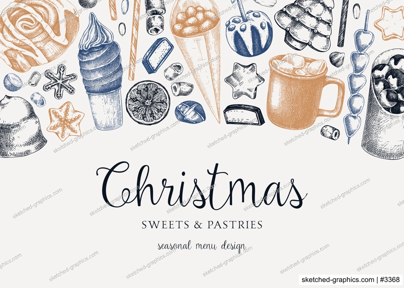 Christmas food background. Christmas market design template. Hand-drawn vector illustration. Hot drinks, candies, cookies, pastries sketches. Winter holiday menu banner. Invitation, Greeting card