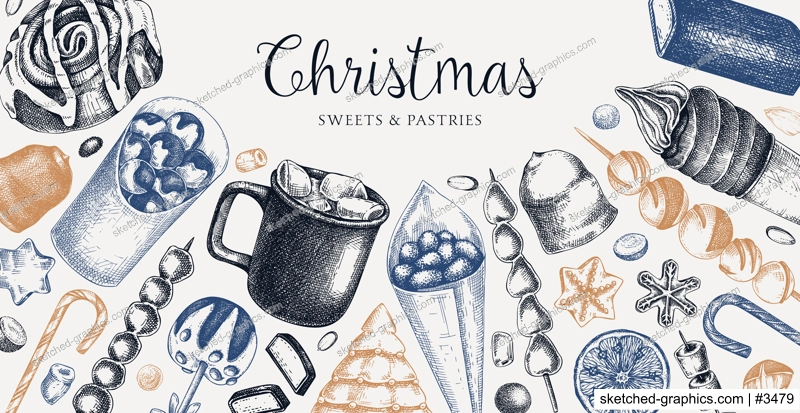 Christmas food background. Christmas market design template. Hand-drawn vector illustration. Hot drinks, candies, cookies, pastries sketches. Winter holiday menu. Sweet food vintage banner