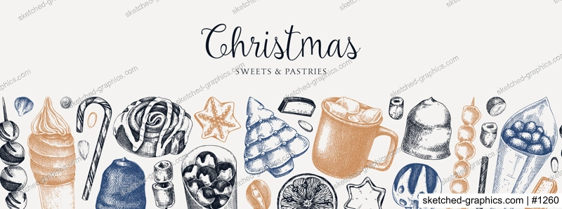 Christmas food background. Christmas market design template. Hand-drawn vector illustration. Hot drinks, candies, cookies, pastries sketches. Winter holiday menu border. Seamless pattern