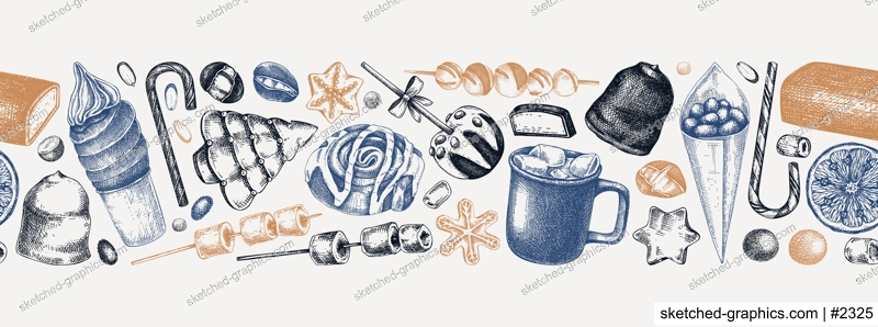 Christmas food background. Christmas market design template. Hand-drawn vector illustration. Hot drinks, candies, cookies, pastries sketches. Winter holiday menu border. Seamless pattern