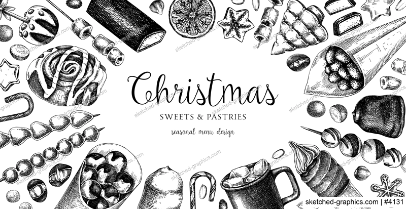 Christmas food background. Christmas market design template. Hand-drawn vector illustration. Hot drinks, candies, cookies, pastries sketches. Winter holiday menu. Sweet food vintage frame