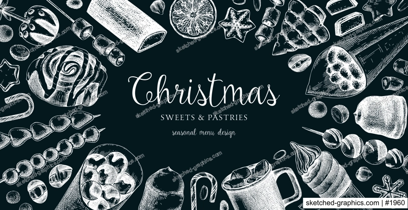 Christmas food background. Christmas market design template. Hand-drawn vector illustration. Hot drinks, candies, cookies, pastries sketches. Winter holiday menu. Sweet food frame on chalkboard