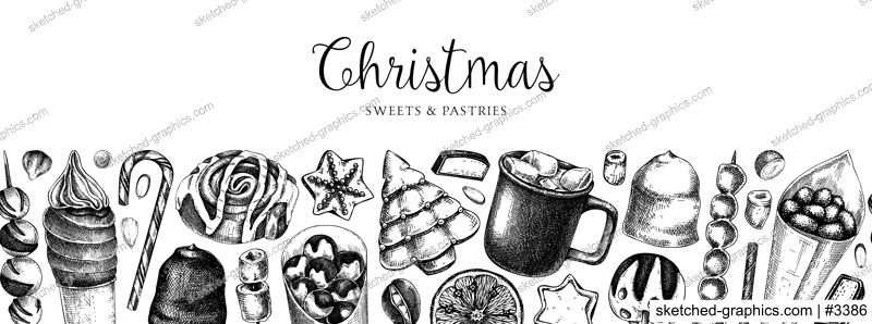 Christmas food background. Christmas market design template. Hand-drawn vector illustration. Hot drinks, candies, cookies, pastries sketches. Winter holiday menu border. Seamless pattern