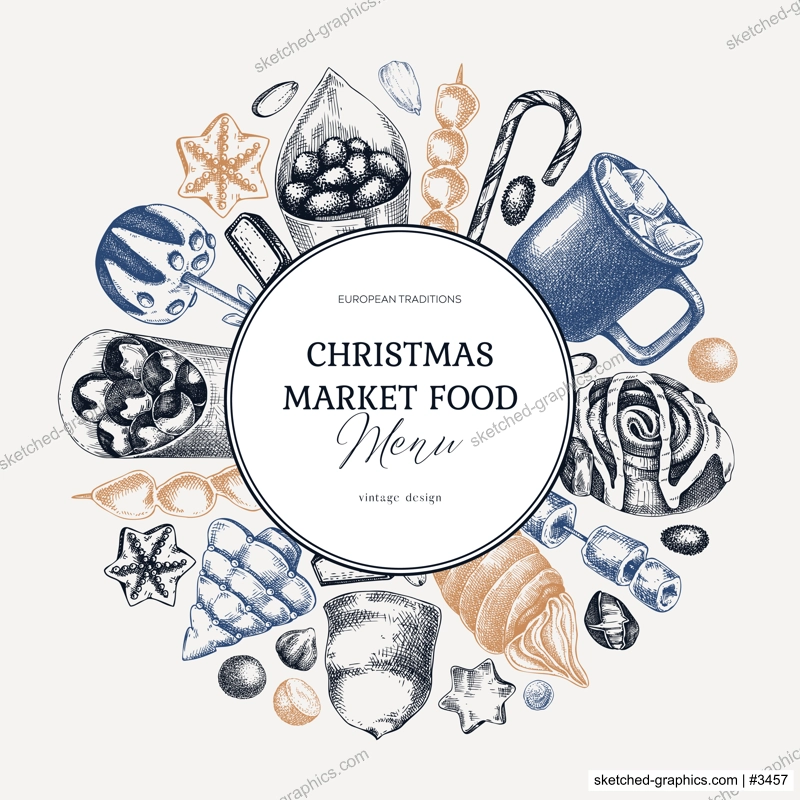 Christmas food background. Christmas market design template. Holiday menu wreath. Sweet food, pastries, candies and hot drink sketches. Hand drawn vector illustration. 