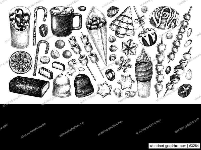 Christmas food collection. Hand-drawn vector illustration. Hot drinks, candies, cookies, marzipan, marshmallow, pastries sketches.  Holiday menu design elements in engraved. Sweet food drawings