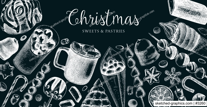 Christmas food background. Christmas market design template. Hand-drawn vector illustration. Hot drinks, candies, cookies, pastries sketches. Winter holiday menu. Sweet food banner on chalkboard