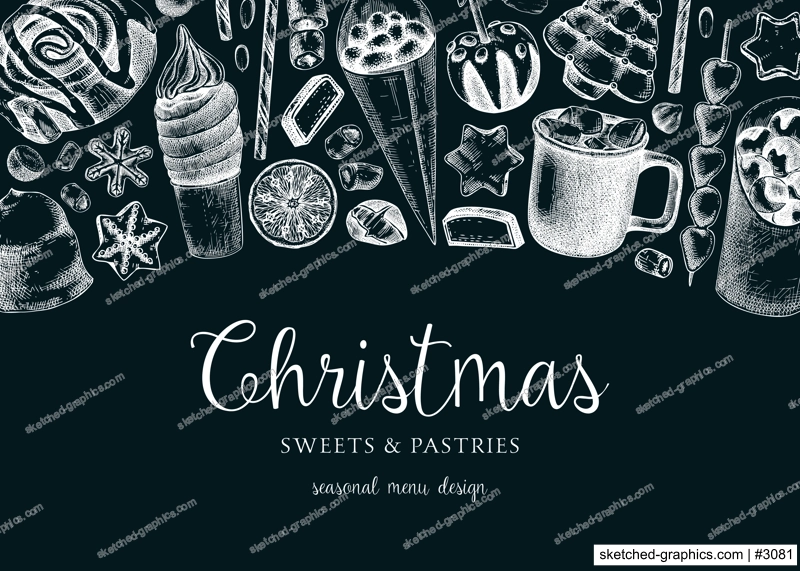 Christmas food background. Christmas market design template. Hand-drawn vector illustration. Hot drinks, candies, cookies, pastries sketches. Winter holiday menu banner on chalkboard
