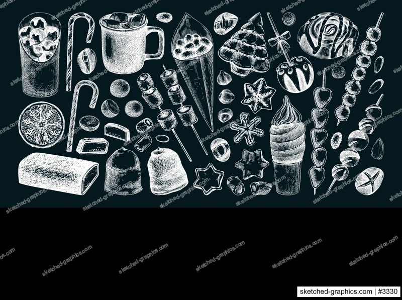 Christmas food background. Christmas market design template. Hand-drawn vector illustration. Hot drinks, candies, cookies, pastries sketches. Winter holiday menu. Sweet food vintage banner