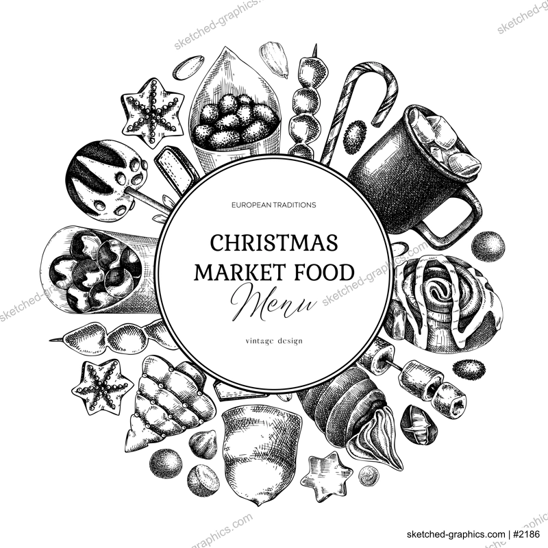Christmas food background. Christmas market design template. Holiday menu wreath. Sweet food, pastries, candies and hot drink sketches. Hand drawn vector illustration. 