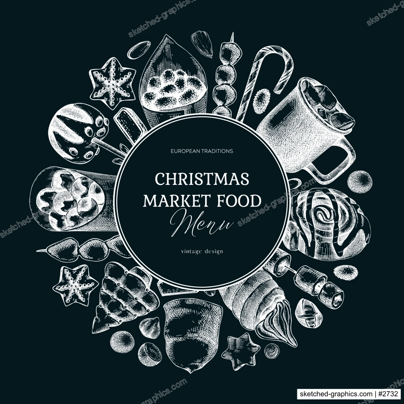 Christmas food background. Christmas market design template. Holiday menu wreath on chalkboard. Sweet food, pastries, candies and hot drink sketches. Hand drawn vector illustration. 