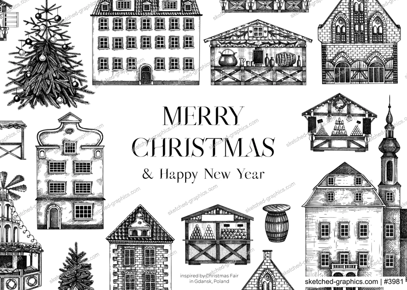 Merry Christmas frame template. Architecture sketch. European fair background. Hand-drawn botanical illustration.NOT AI generated