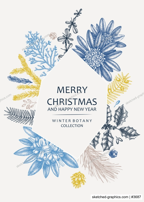 Christmas greeting card or invitation design in color. Vector frame with hand drawn winter flowers, conifers and evergreen plants. Vintage botanical background. Christmas template.  
