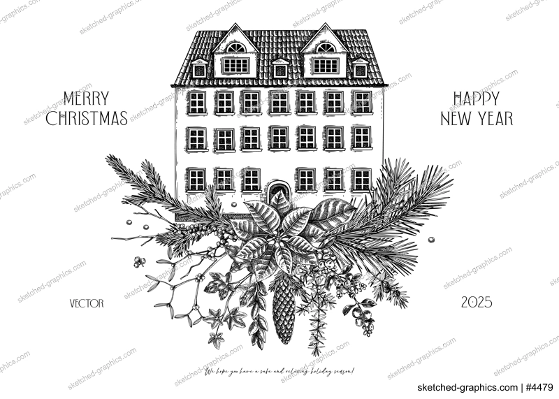 Christmas greeting card template. Architecture sketch. Vintage house drawing. Winter holiday decoration. Floral art. Hand-drawn vector illustration.  NOT AI generated
