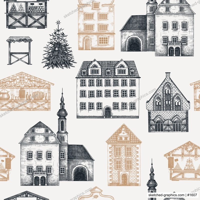 Christmas background. Architecture sketch. Vintage building seamless pattern. European house hand-drawn vector illustration. NOT AI generated