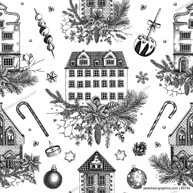 Christmas background. Architecture sketch. Vintage house seamless pattern. European winter hand-drawn vector illustration. NOT AI generated