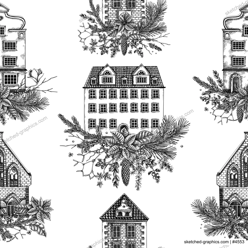 Christmas background. Architecture sketch. Vintage house seamless pattern. European winter hand-drawn vector illustration. NOT AI generated
