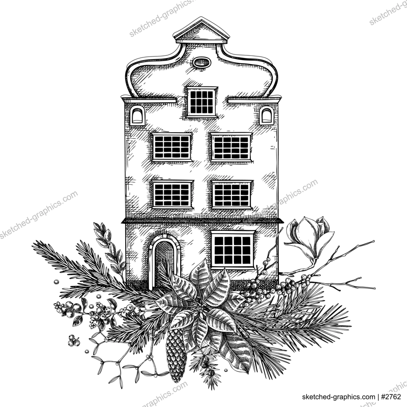 Merry Christmas card design. European architecture sketch. Vintage house drawing. Winter tree hand-drawn vector illustration. Floral backgroud  NOT AI generated