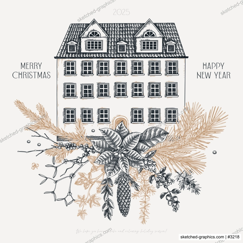 Christmas card design. Architecture sketch. Winter decration. Vintage house hand-drawn vector illustration. Floral art. NOT AI generated