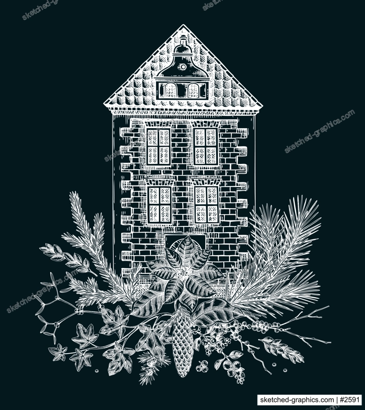 Vintage Christmas card design. European architecture sketch. Old brick house drawing on chalkboard. Winter trees hand-drawn vector illustration. NOT AI generated