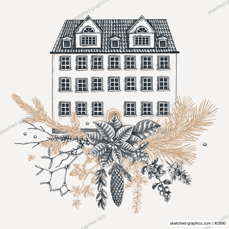 Christmas card design. Architecture sketch. Vintage house drawing. European winter hand-drawn vector illustration. Floral art. NOT AI generated