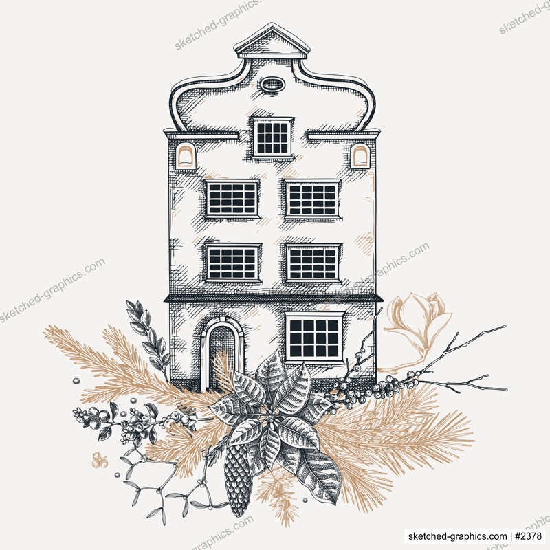Christmas card design. Architecture sketch. Vintage house drawing. European winter hand-drawn vector illustration. Floral art. NOT AI generated