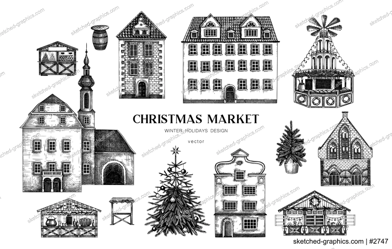 Vintage Christmas background. Architecture sketch. European fair banner. Christmas market hand-drawn vector illustration.NOT AI generated