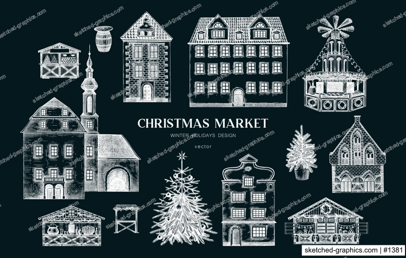 Vintage Christmas background. Architecture sketch. European fair banner on chalkboard. Christmas market hand-drawn vector illustration.NOT AI generated