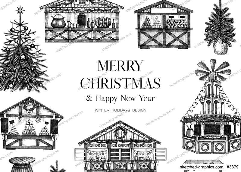 Vintage Christmas background. European Christmas market with souvenir stalls, Christmas tree, fast food, candy shops sketches. Winter holidays invitation or greeting card template. Architecture frame