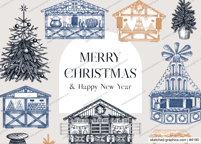 Vintage Christmas background. European Christmas market with souvenir stalls, Christmas tree, fast food, candy shops sketches. Winter holidays invitation or greeting card template. Architecture frame