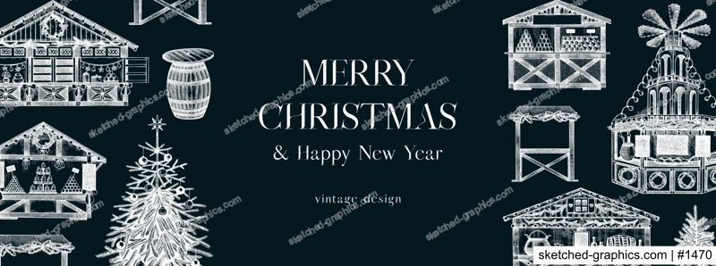Christmas market background. Hand drawn vector illustration on chalkboard. European holiday marketplace banner design.. Christmas tree, wooden stall kiosk, candy shop, bakery, mulled wine sketches 