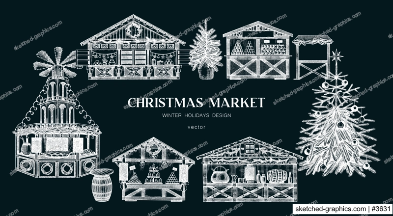 Christmas market background. Hand drawn vector illustration on chalkboard. European holiday marketplace banner design.. Christmas tree, wooden stall kiosk, candy shop, bakery, mulled wine sketches
