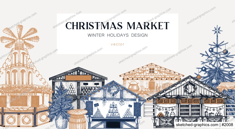 Christmas market background. Hand drawn vector illustration. European holiday marketplace banner design.. Christmas tree, wooden stall kiosk, candy shop, bakery, mulled wine sketches 