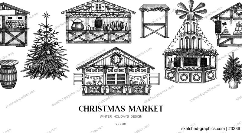 Christmas market background. Hand drawn vector illustration. European holiday marketplace banner. Christmas tree, wooden stall, candy shop, bakery, mulled wine sketches. Architecture desin