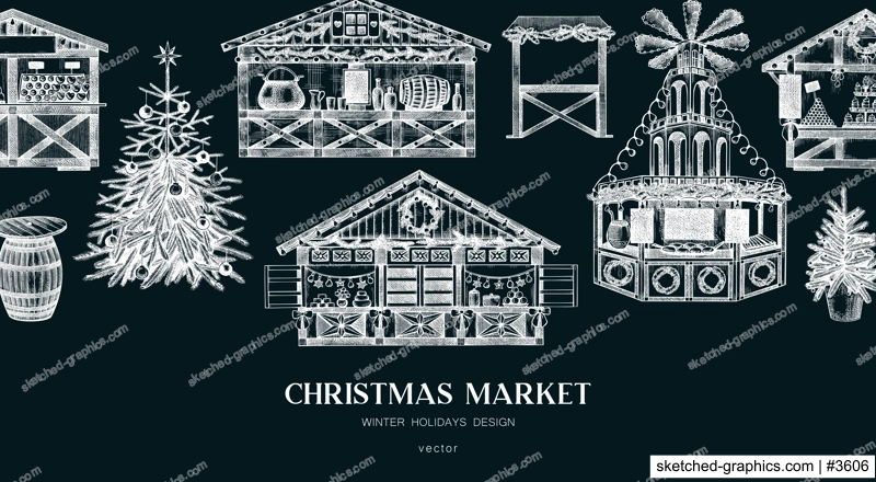 Christmas market background. Hand drawn vector illustration. European holiday marketplace banner on chalkboard. Christmas tree, candy shop, fast food, bakery, mulled wine sketches. Architecture design