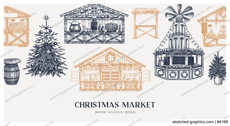 Christmas market background. Hand drawn vector illustration. European holiday marketplace banner. Christmas tree, wooden stall, candy shop, bakery, mulled wine sketches. Architecture desin