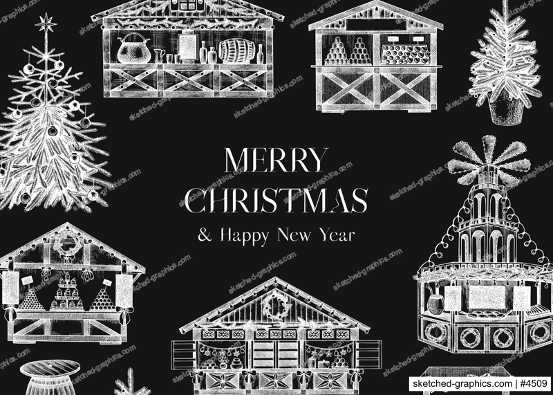 Vintage Christmas background. European Christmas market with souvenir stalls, Christmas tree, fast food, candy shops sketches. Winter holidays invitation or greeting card template on chalkboard