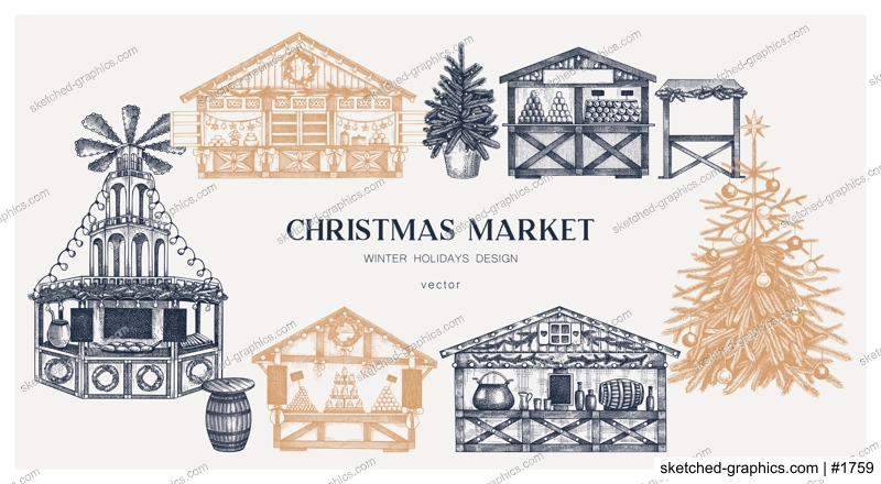 Christmas market background. Hand drawn vector illustration. European holiday marketplace frame design.. Christmas tree, wooden stall kiosk, candy shop, bakery, mulled wine sketches 