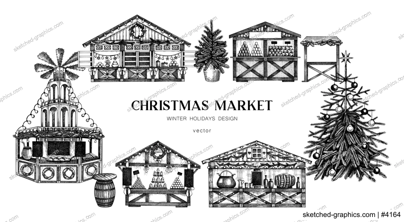 Christmas market background. Hand drawn vector illustration. Traditional european holiday marketplace frame design.. Christmas tree, wooden stall kiosk, candy shop, bakery, mulled wine sketches 