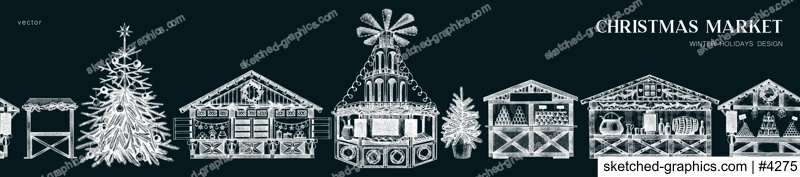 Christmas market background. Hand drawn vector illustration on chalkboard.  Holiday marketplace border design. Vintage seamless pattern. Christmas tree, wooden stall, candy shop, mulled wine sketches 