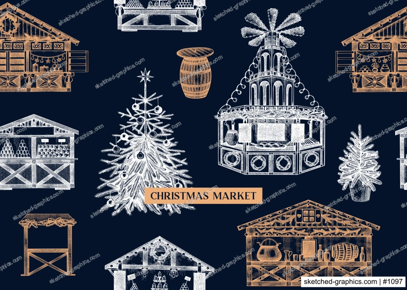 Christmas market background. Hand-drawn vector illustration on chalkboard. Holiday marketplace border design. Vintage seamless pattern. Christmas tree, wooden stall, candy shop, mulled wine sketches 