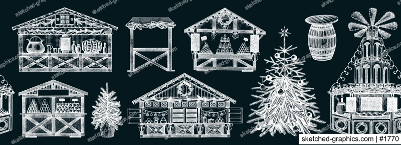 Christmas market background. Hand-drawn vector illustration on chalkboard. Holiday marketplace border design. Vintage seamless pattern. Christmas tree, wooden stall, candy shop, mulled wine sketches 