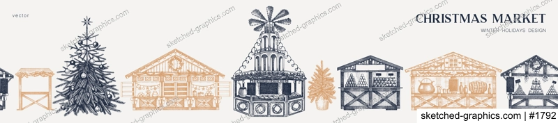 Christmas market background. Hand drawn vector illustration.  Holiday marketplace border design. Vintage seamless pattern. Christmas tree, wooden stall, candy shop, bakery, mulled wine sketches 